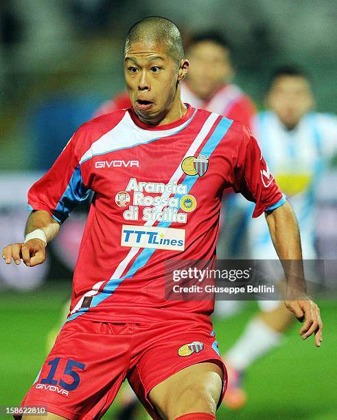 Takayuki Morimoto of Catania in action during the Serie A match between Pescara and Calcio Catania at Adriatico Stadium on December 21, 2012 in...