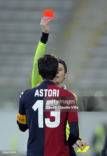 Red card for Davide Astori of Cagliari Calcio during the Serie A match between Cagliari Calcio and FC Juventus at Stadio Ennio Tardini on December...