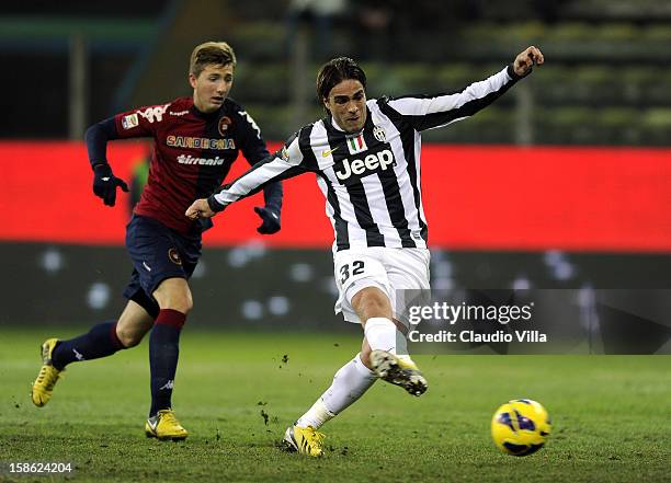 Alessandro Matri of FC Juventus scoring the second goal during the Serie A match between Cagliari Calcio and FC Juventus at Stadio Ennio Tardini on...