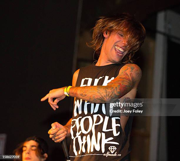 Vocalist Gianluca Molinari of Upon This Dawning performs at The Irving Theater on December 18, 2012 in Indianapolis, Indiana.