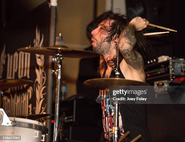 Drummer Luca Orio of Upon This Dawning performs at The Irving Theater on December 18, 2012 in Indianapolis, Indiana.