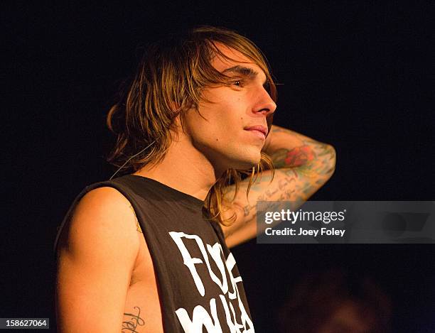 Vocalist Gianluca Molinari of Upon This Dawning performs at The Irving Theater on December 18, 2012 in Indianapolis, Indiana.