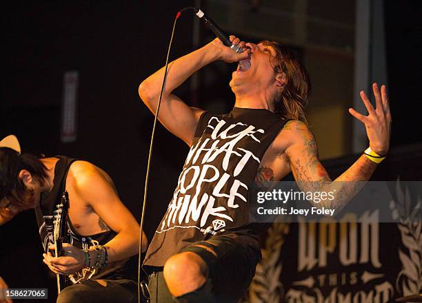 Vocalist Gianluca Molinari of Upon This Dawning performs at The Irving Theater on December 18, 2012 in Indianapolis, Indiana.