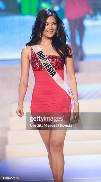 Miss Indonesia 2012 Maria Selena is introduced during the 2012 Miss Universe Pageant at Planet Hollywood Resort & Casino on December 19, 2012 in Las...