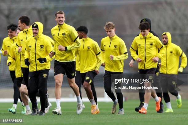Players warm up during a Wellington Phoenix training session at NZCIS on August 02, 2023 in Wellington, New Zealand.
