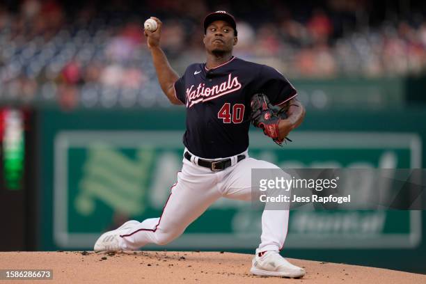 Josiah Gray of the Washington Nationals pitches against the Milwaukee Brewers during the first inning at Nationals Park on August 01, 2023 in...