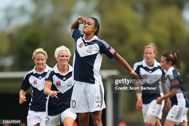 Jessica McDonald of the Victory gestures after scoring her first goal during the round 10 W-League match between the Melbourne Victory and the...