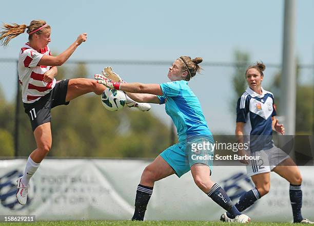 Louise Fors of the Wanderers and goalkeeper Brianna Davey of the Victory compete for the ball during the round 10 W-League match between the...
