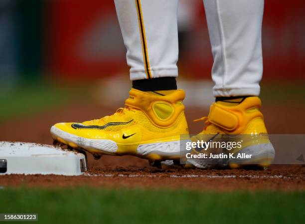 Andrew McCutchen of the Pittsburgh Pirates is seen wearing Nike baseball cleats during inter-league play against the Detroit Tigers at PNC Park on...
