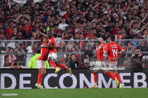 Enner Valencia of Internacional celebrates with teammate after scoring the team's first goal during a Copa CONMEBOL Libertadores 2023 round of...