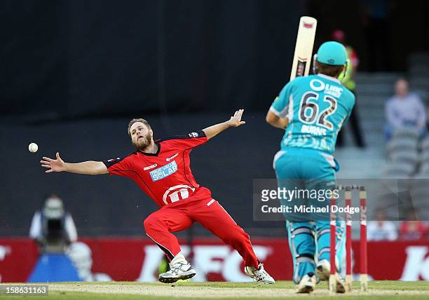 Nathan Rimmington of the Melbourne Renegades tries to catch out Thisara Perera of the Brisbane Heat during the Big Bash League match between the...