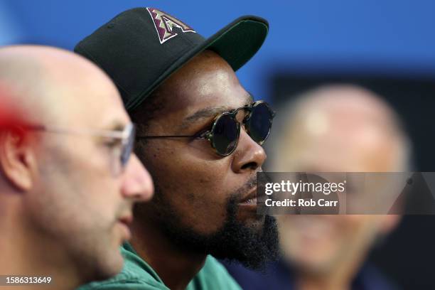 Rich Kleiman and NBA player Kevin Durant watch the Frances Tiafoe and Asian Karatsev match during the Day 4 of the Mubadala Citi DC Open at Rock...