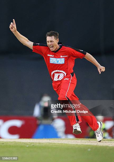 Darren Pattinson of the Melbourne Renegades celebrates his wicket of Thisara Perera of the Brisbane Heat during the Big Bash League match between the...