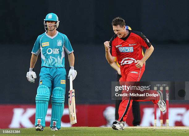 Darren Pattinson of the Melbourne Renegades celebrates his wicket of Thisara Perera of the Brisbane Heat during the Big Bash League match between the...