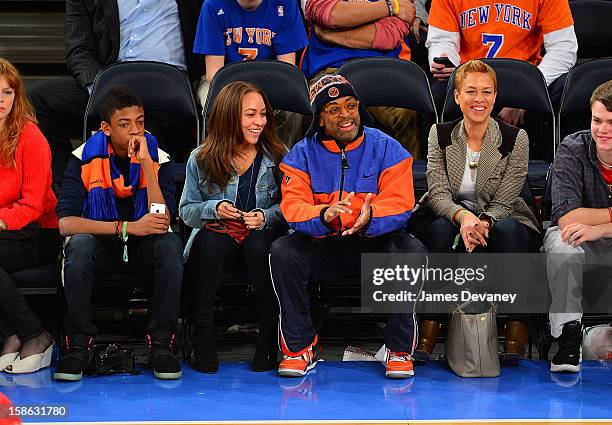 Jackson Lee, Satchel Lee, Spike Lee and Tonya Lewis attend the Chicago Bulls vs New York Knicks game at Madison Square Garden on December 21, 2012 in...