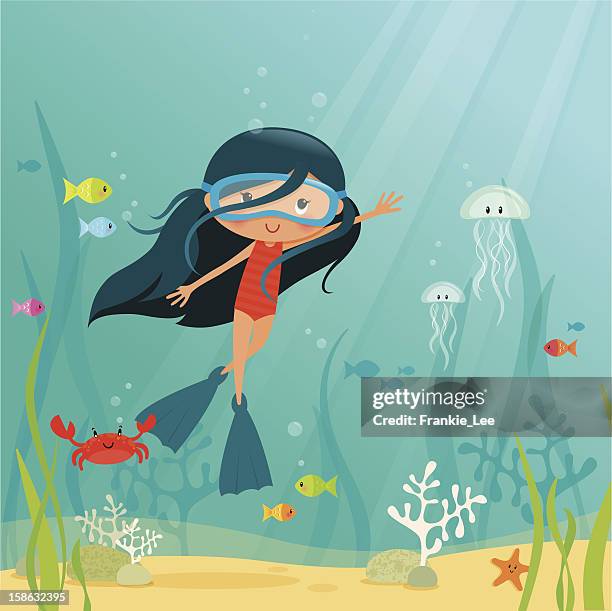 kleines mädchen schwimmen - seabed stock-grafiken, -clipart, -cartoons und -symbole