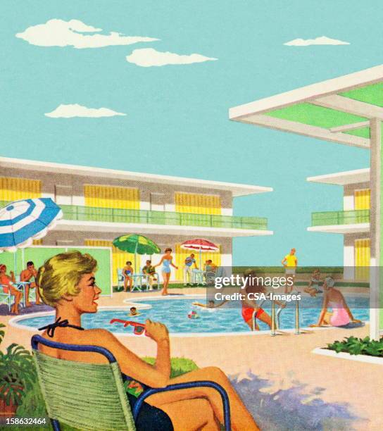 woman sitting by pool - woman setting the table stock illustrations