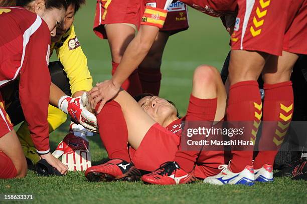 Yukari Kinga of INAC Kobe Leonessa looks injured during the 34th Empress's Cup All Japan Women's Football Tournament semi final match between INAC...