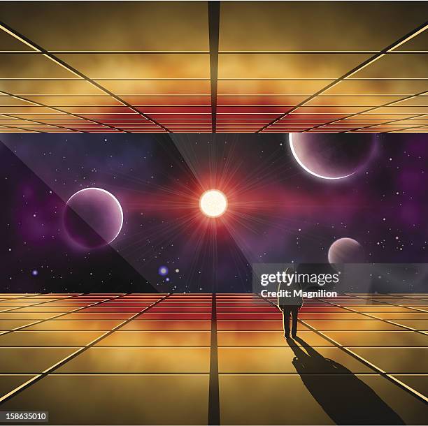 illustration of a person in a craft looking out into space - stratosphere stock illustrations