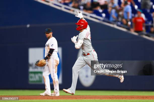 Nick Castellanos of the Philadelphia Phillies rounds the bases after hitting a home run against the Miami Marlins during the ninth inning of the game...