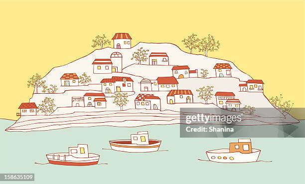 fishing village - mountain village stock illustrations