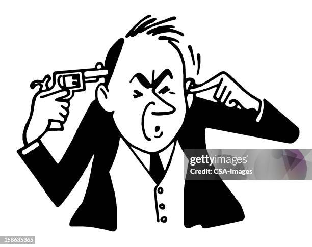 man holding gun to his head - fingers in ears stock illustrations