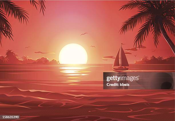 illustrazioni stock, clip art, cartoni animati e icone di tendenza di tramonto a vela - orizzonte sull'acqua