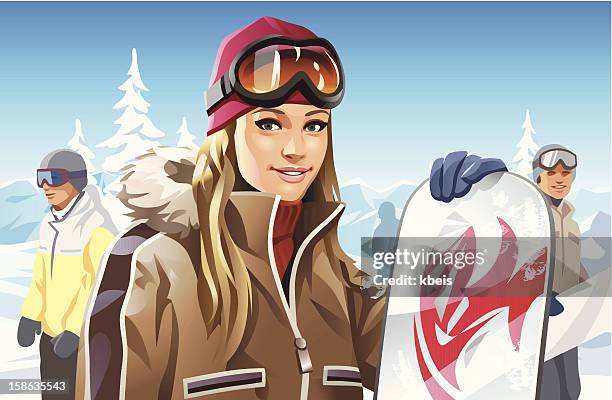 ilustraciones, imágenes clip art, dibujos animados e iconos de stock de snowboard girl - gafas de esquí