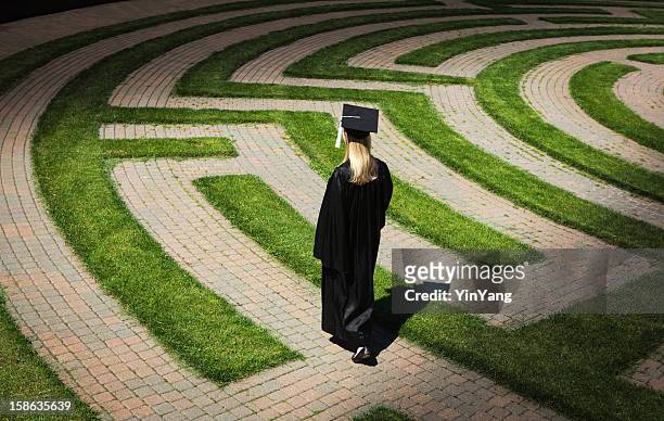 graduation student entering maze path uncertain, seeking occupation, employment, goals - single track stock pictures, royalty-free photos & images