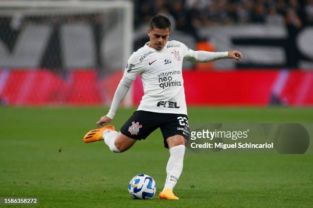 Fagner of Corinthians kicks the ball during the Copa CONMEBOL Sudamericana 2023 round of sixteen first leg match between Corinthians and Newell's Old...