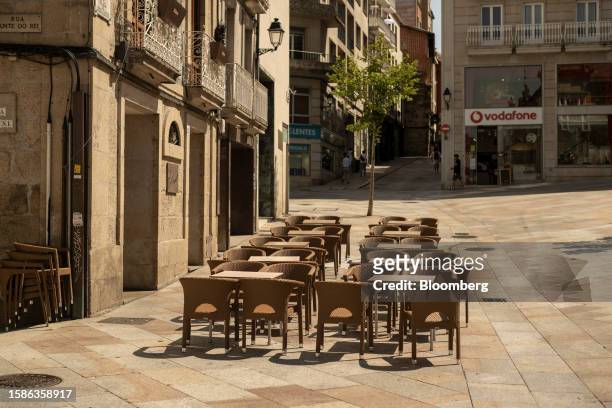 An empty and uncovered cafe terrace area during a heatwave in Ourense, Spain, on Tuesday, Aug. 8, 2023. Heatwaves may "reduce Southern Europe's...