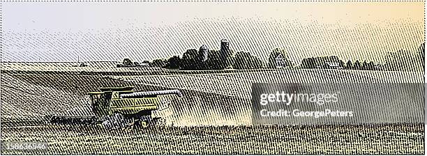 combine harvesting crops - etching stock illustrations