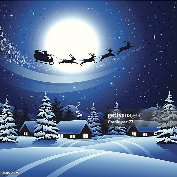 illustrazioni stock, clip art, cartoni animati e icone di tendenza di babbo natale vola in cielo - luna piena