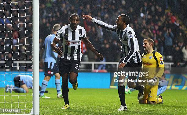 Shola Ameobi of Newcastle celebrates his goal with James Perch during the Barclays Premier League match between Newcastle United and Queens Park...