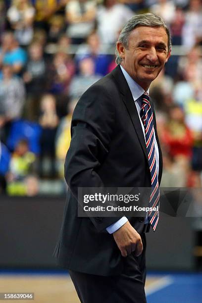 Head coach Svetislav Pesic of Bayern Muenchen smiles during the Beko BBL Bundesliga match between Phoenix Hagen and FC Bayern Muenchen at ENERVIE...