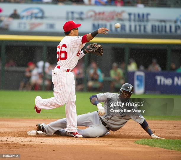 Ray Olmedo of the Chicago White Sox turns a double play as Trayvon Robinson of the Seattle Mariners slides into second base during the game between...