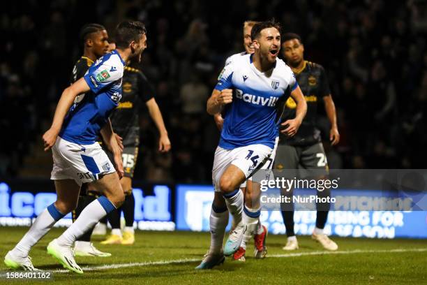 Robbie Mckenzie of Gillingham celebrates his goal during the Carabao Cup First Round South match between Gillingham and Southampton at the MEMS...