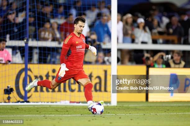 Marcinkowski of San Jose Earthquakes strikes the ball during a game between Seattle Sounders FC and San Jose Earthquakes at PayPal Park on July 12,...