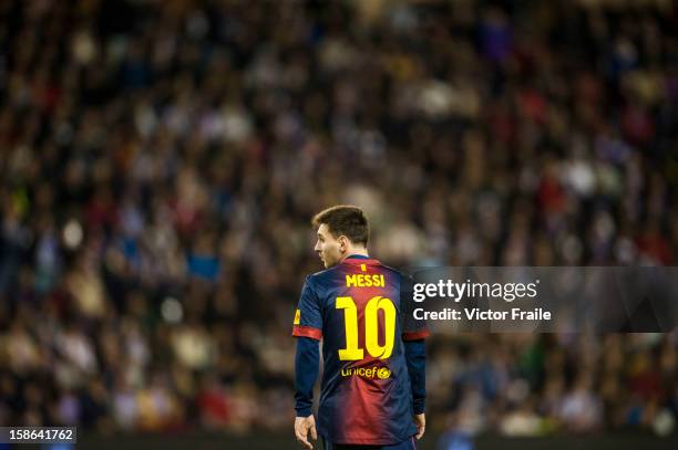 Lionel Messi of FC Barcelona looks on during the La Liga game between Real Valladolid and FC Barcelona at Jose Zorrilla on December 22, 2012 in...