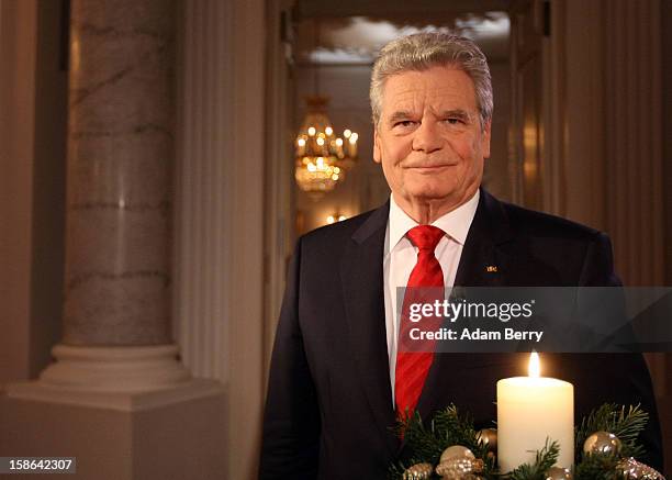 German President Joachim Gauck poses after delivering his Christmas address in Bellevue Presidential Palace on December 22, 2012 in Berlin, Germany.