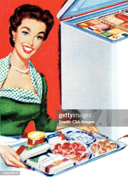 ilustrações de stock, clip art, desenhos animados e ícones de apresentação de alimentos - congelador
