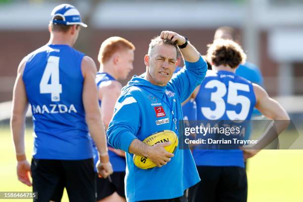 Alastair Clarkson, North Melbourne Senior coach is seen before a North Melbourne Kangaroos AFL training session at Arden Street Ground on August 02,...