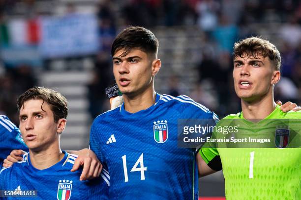 Gabriele Guarino of Italy sings the National Anthem with his teammates during FIFA U-20 World Cup Argentina 2023 Semi Finals match between Italy and...