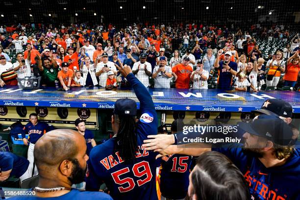 Framber Valdez of the Houston Astros celebrates after pitching a no-hitter against the Cleveland Guardians at Minute Maid Park on August 01, 2023 in...