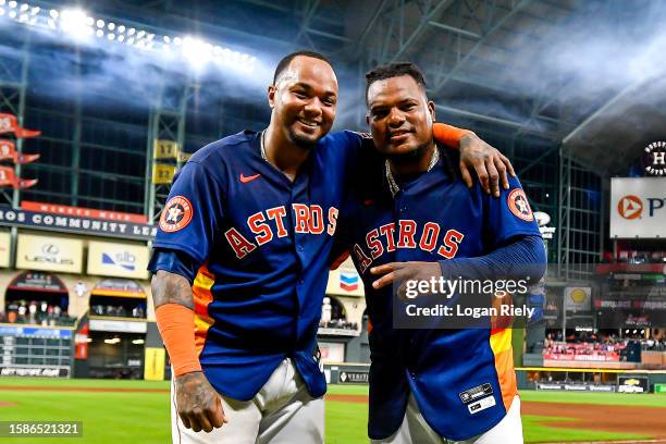 Framber Valdez celebrates with Martin Maldonado of the Houston Astros after pitching a no-hitter against the Cleveland Guardians at Minute Maid Park...