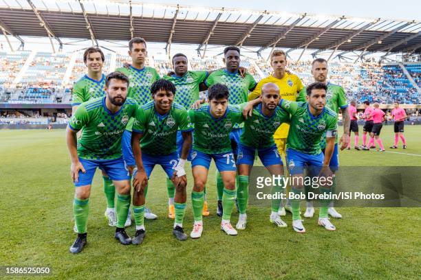 The Seattle Sounders starting XI before a game between Seattle Sounders FC and San Jose Earthquakes at PayPal Park on July 12, 2023 in San Jose,...