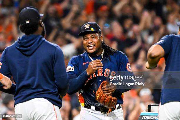 Framber Valdez of the Houston Astros celebrates after pitching a no-hitter against the Cleveland Guardians at Minute Maid Park on August 01, 2023 in...