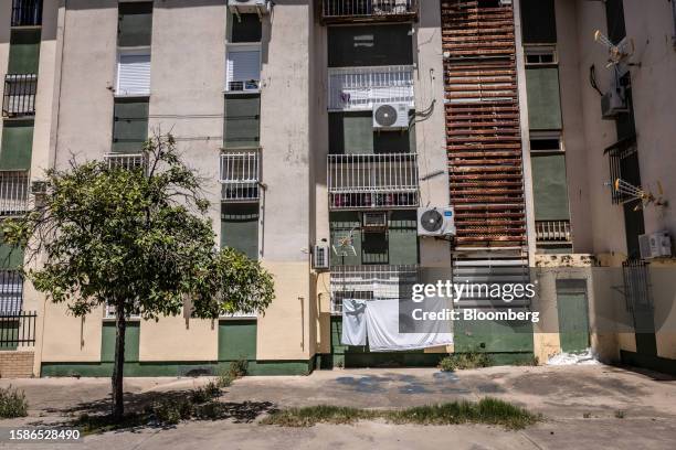 Scarce air conditioning units on the exterior of a residential building in the Poligono Sur neighborhoods of Seville, Spain, on Tuesday, July 4, ,...