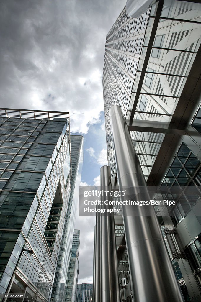 Low angle view of urban skyscrapers
