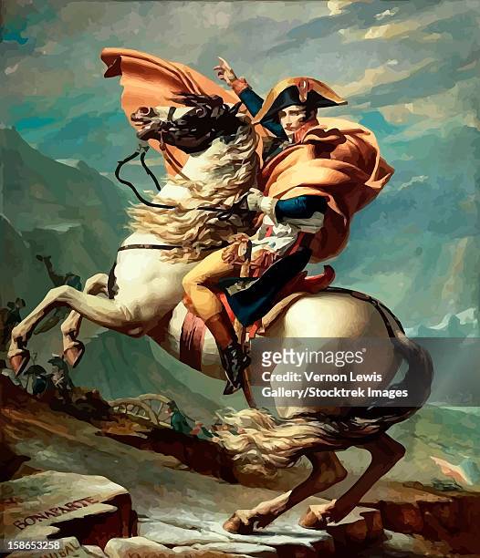 digitally restored vector painting of napoleon bonaparte on his horse. - image stock-grafiken, -clipart, -cartoons und -symbole
